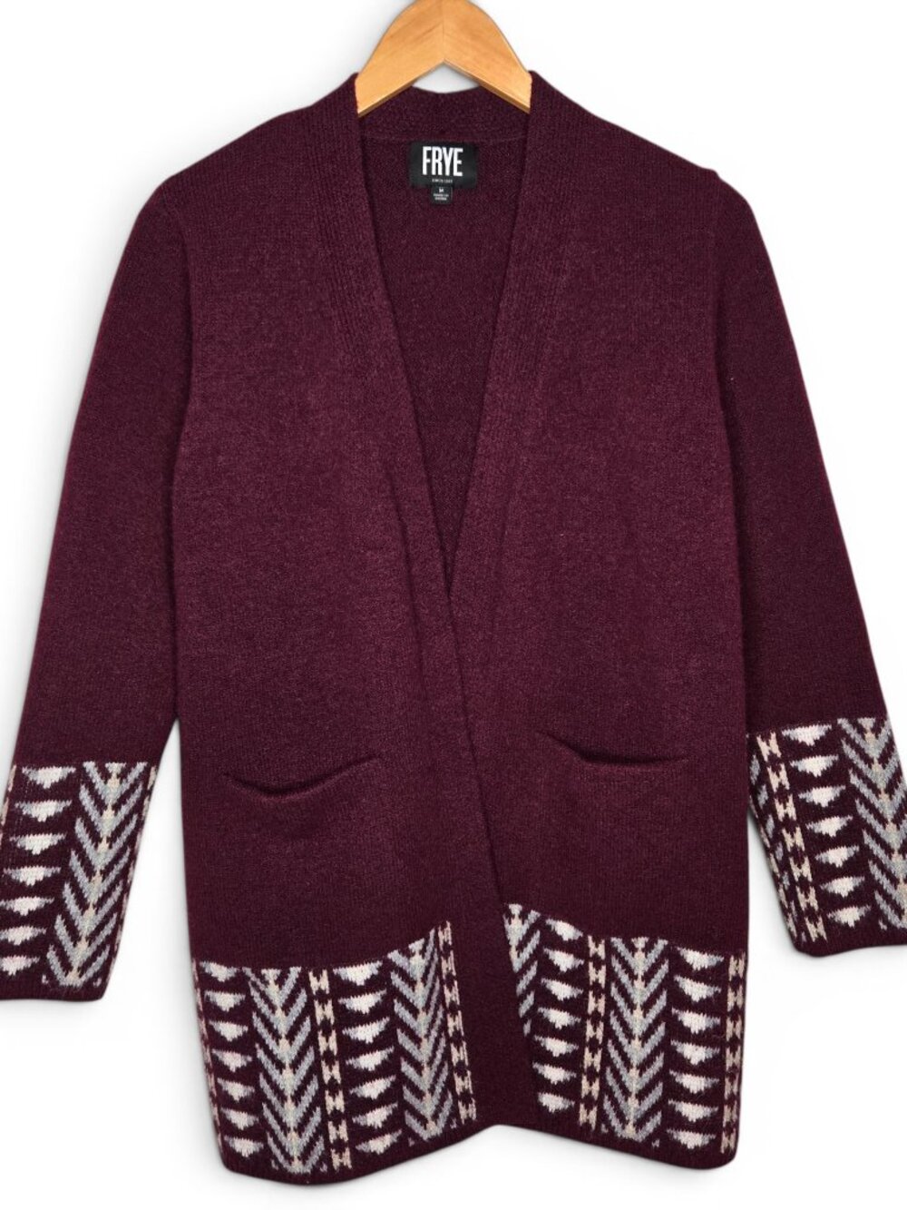 Frye Cozy Cardigan Womens Burgundy Open Front Boho Southwestern Aztec M